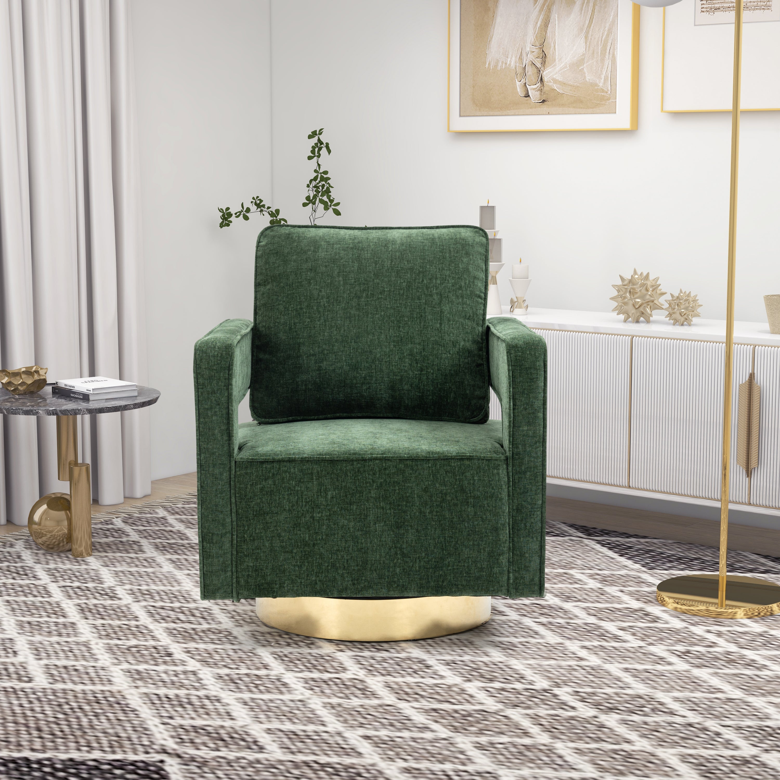 30.7"W Swivel Accent Open Back Chair Modern Comfy Sofa Chair With Gold Stainless Steel Base - Green Chenille