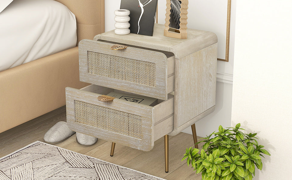 MICO Wooden Nightstand with Rattan Panel