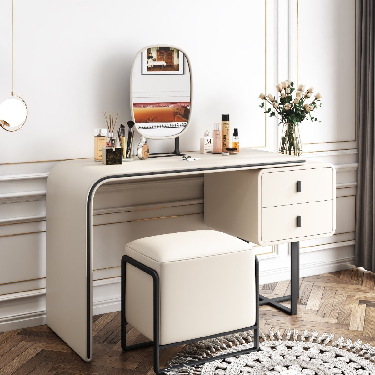 Modern Extendable Makeup Vanity Table with 2 Solid Wood Drawers - White