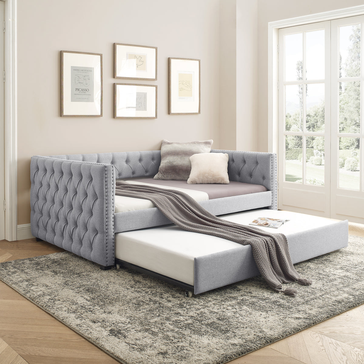 Full Daybed & Twin Trundle with Button and Copper Nail on Square Arms - Grey