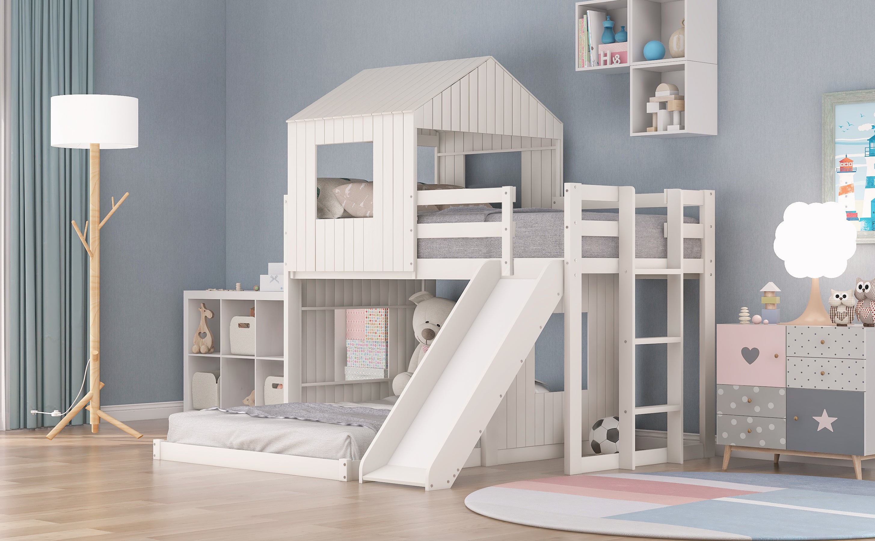 Farmhouse Wooden Twin Over Full Bunk Bed, Loft Bed with Playhouse - White