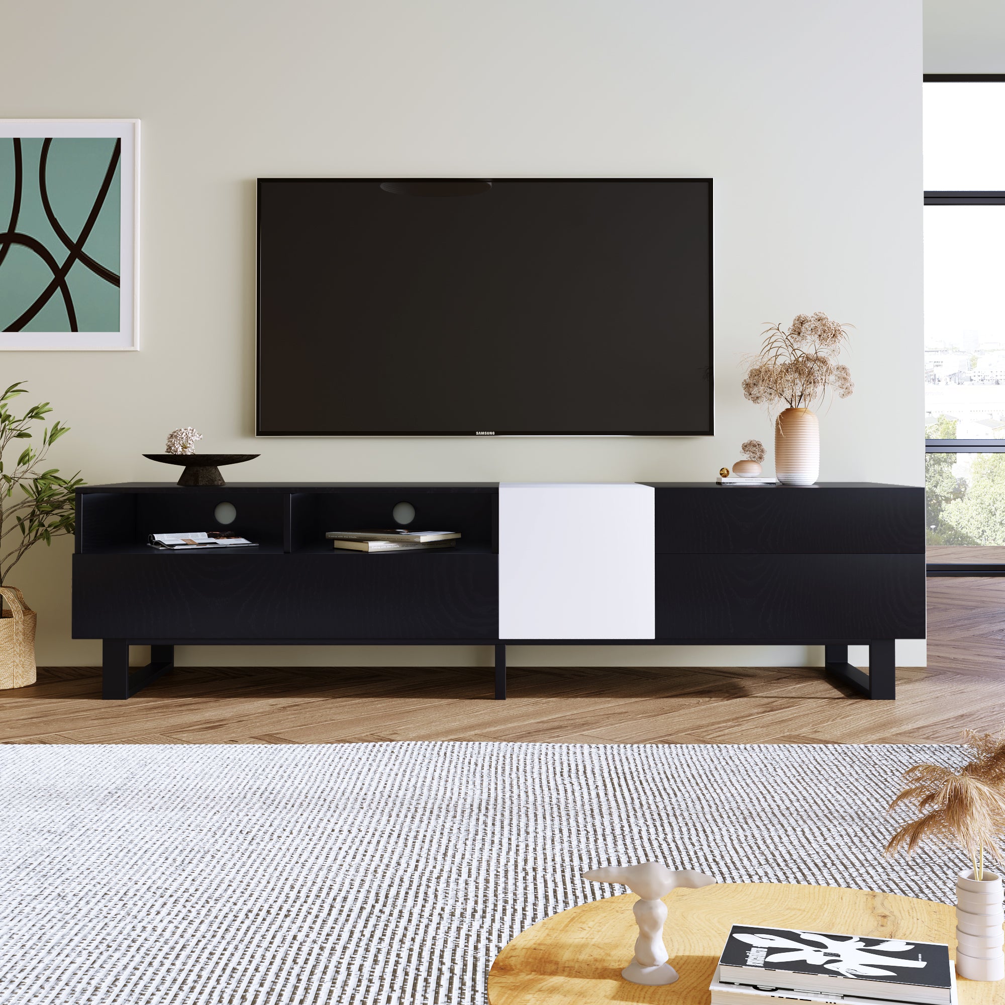 Modern TV Stand for 80'' TV with Double Storage Space, Media Console Table - Black