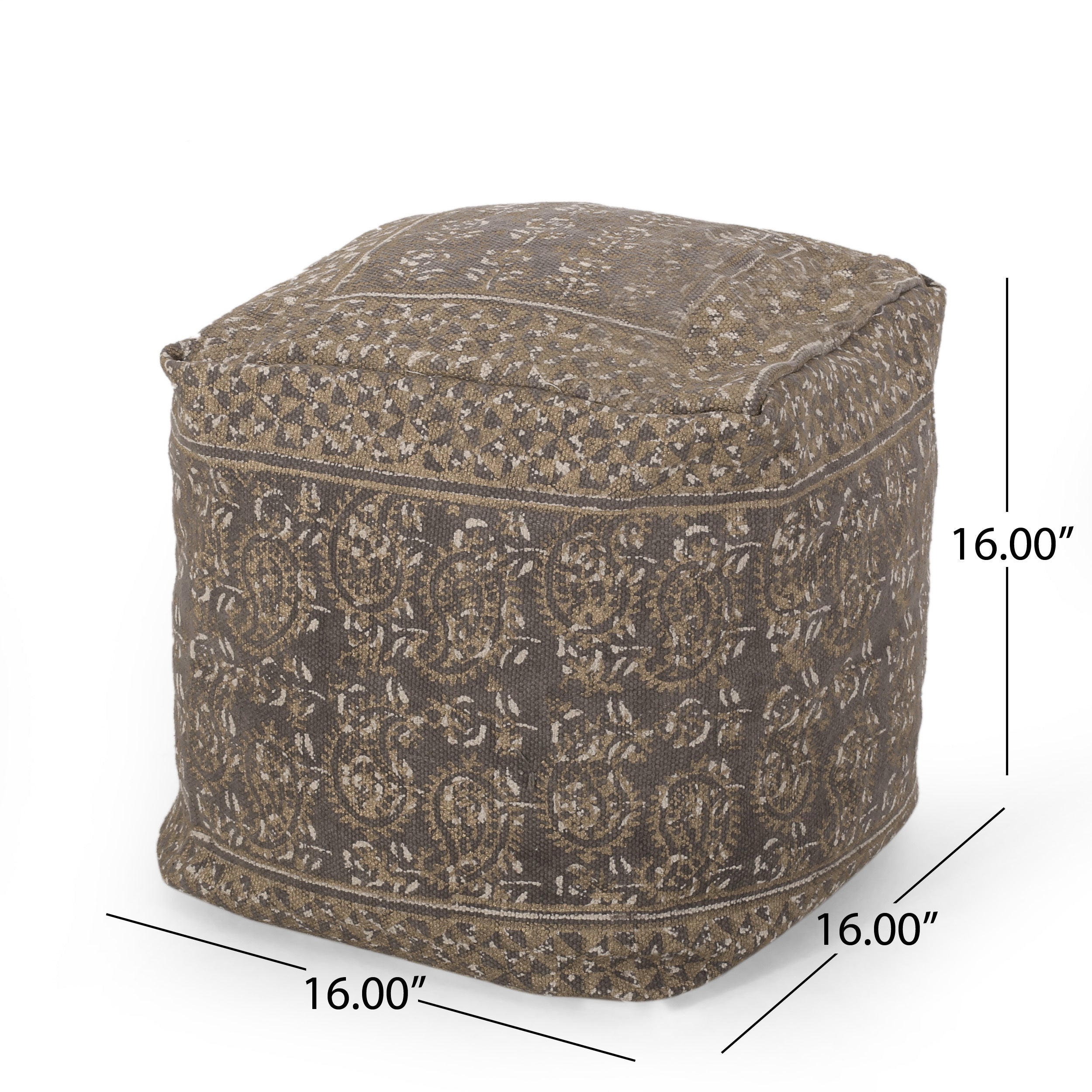 Boho Handcrafted Taupe Fabric Cube Pouf