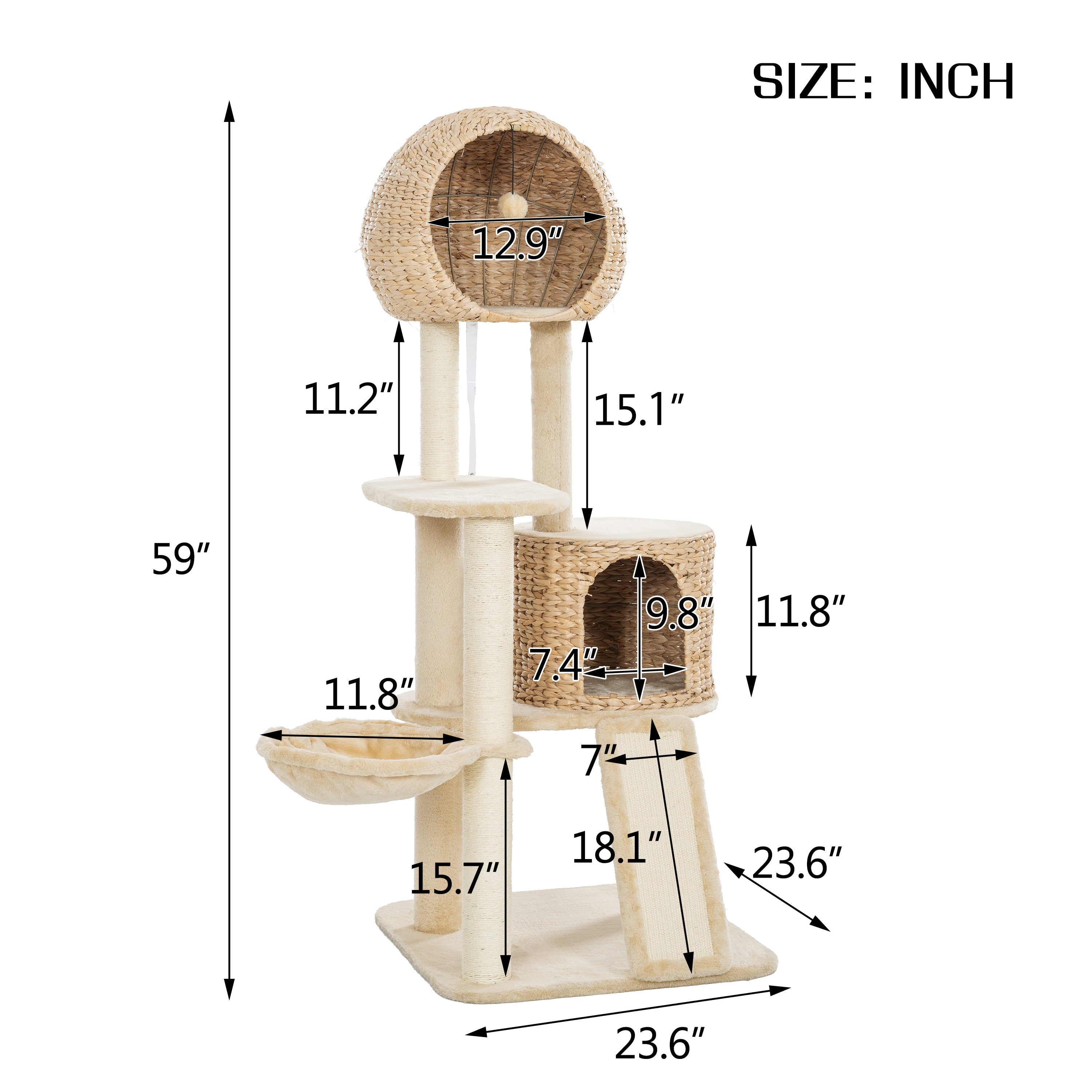 Cat Tree, 59-Inch Cat Tower for Indoor Cats, Plush Multi-Level Cat Condo with 2 Perches, 2 Caves, Cozy Basket and Scratching Board - Beige