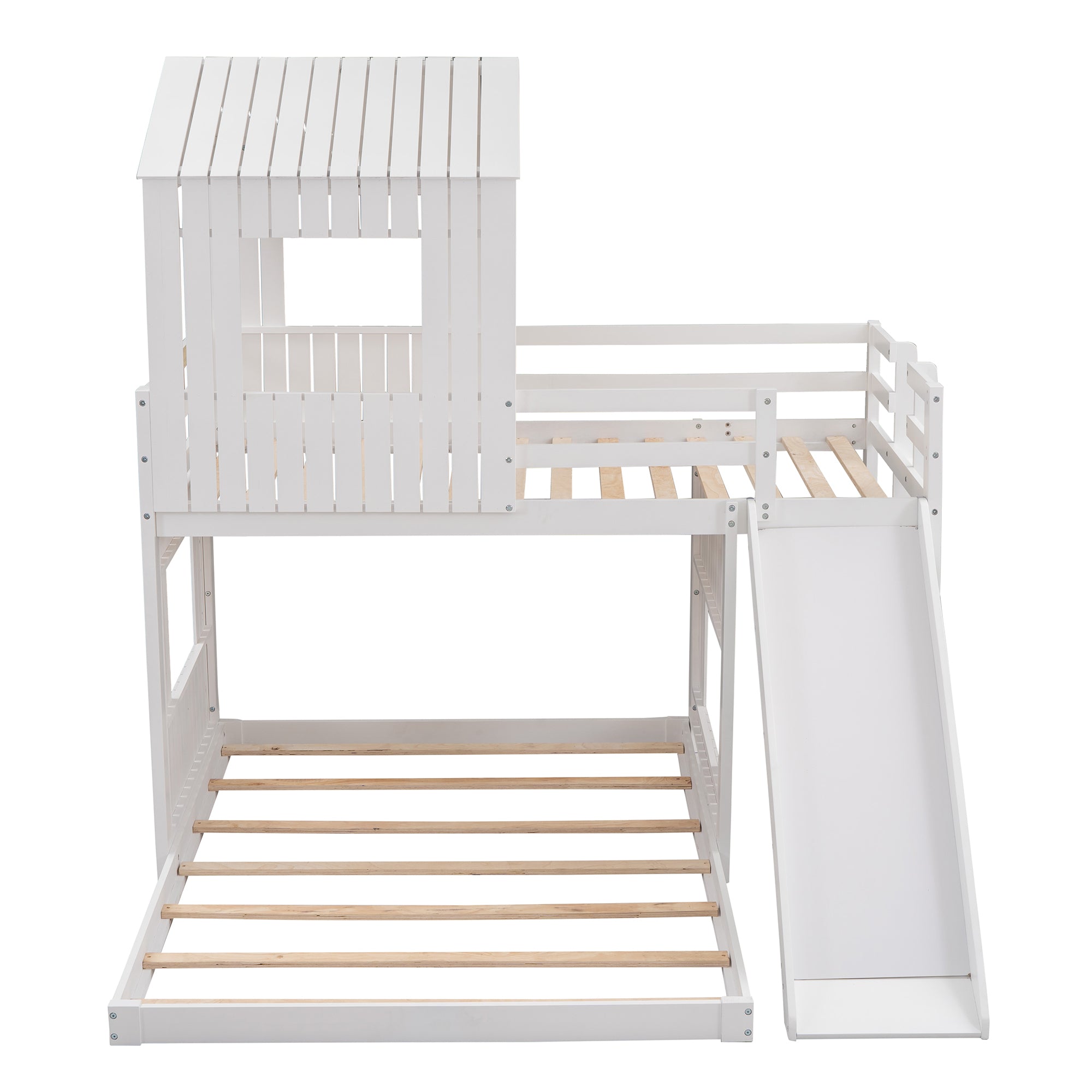 Farmhouse Wooden Twin Over Full Bunk Bed, Loft Bed with Playhouse - White