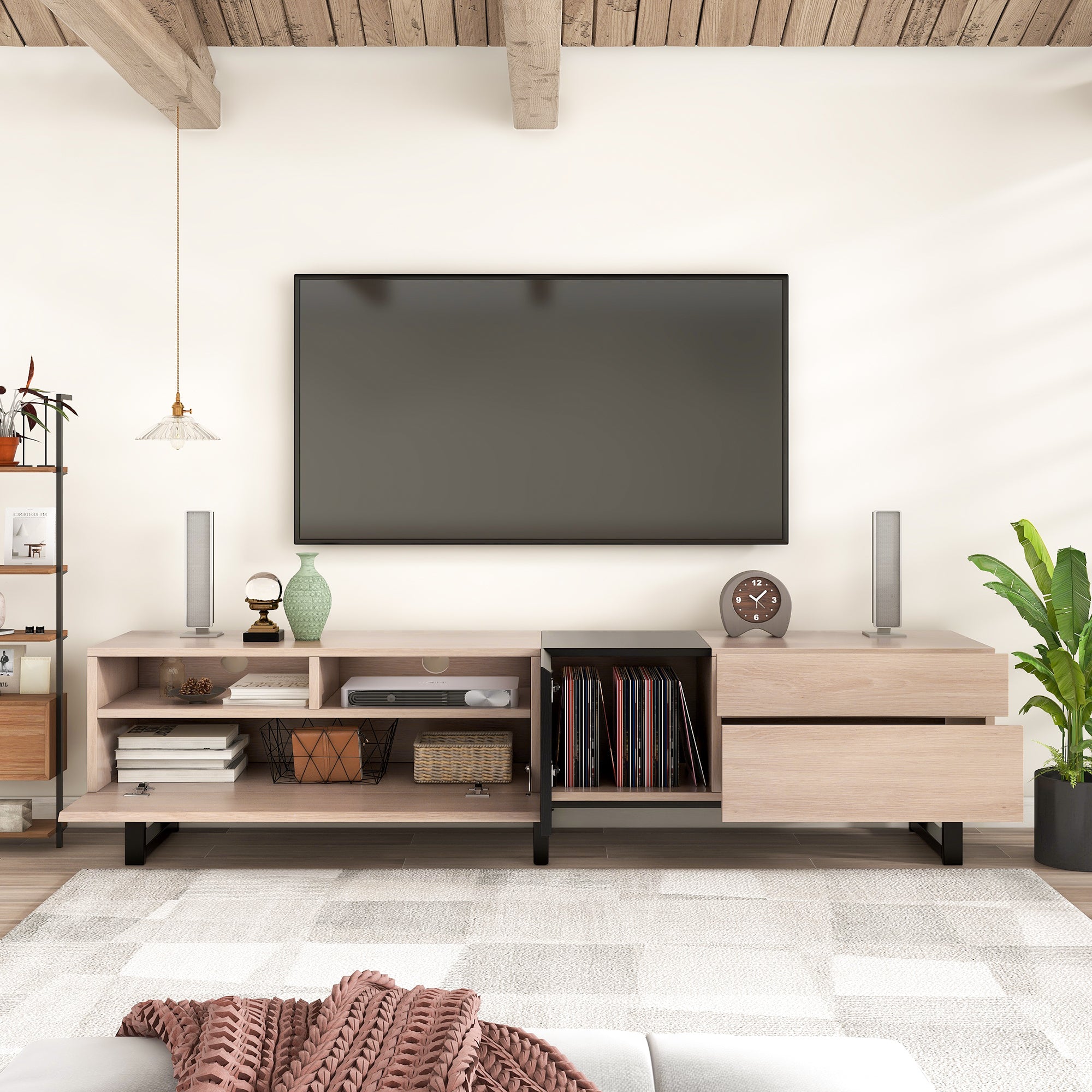 Modern TV Stand for 80'' TV with Double Storage Space - Natural Wood