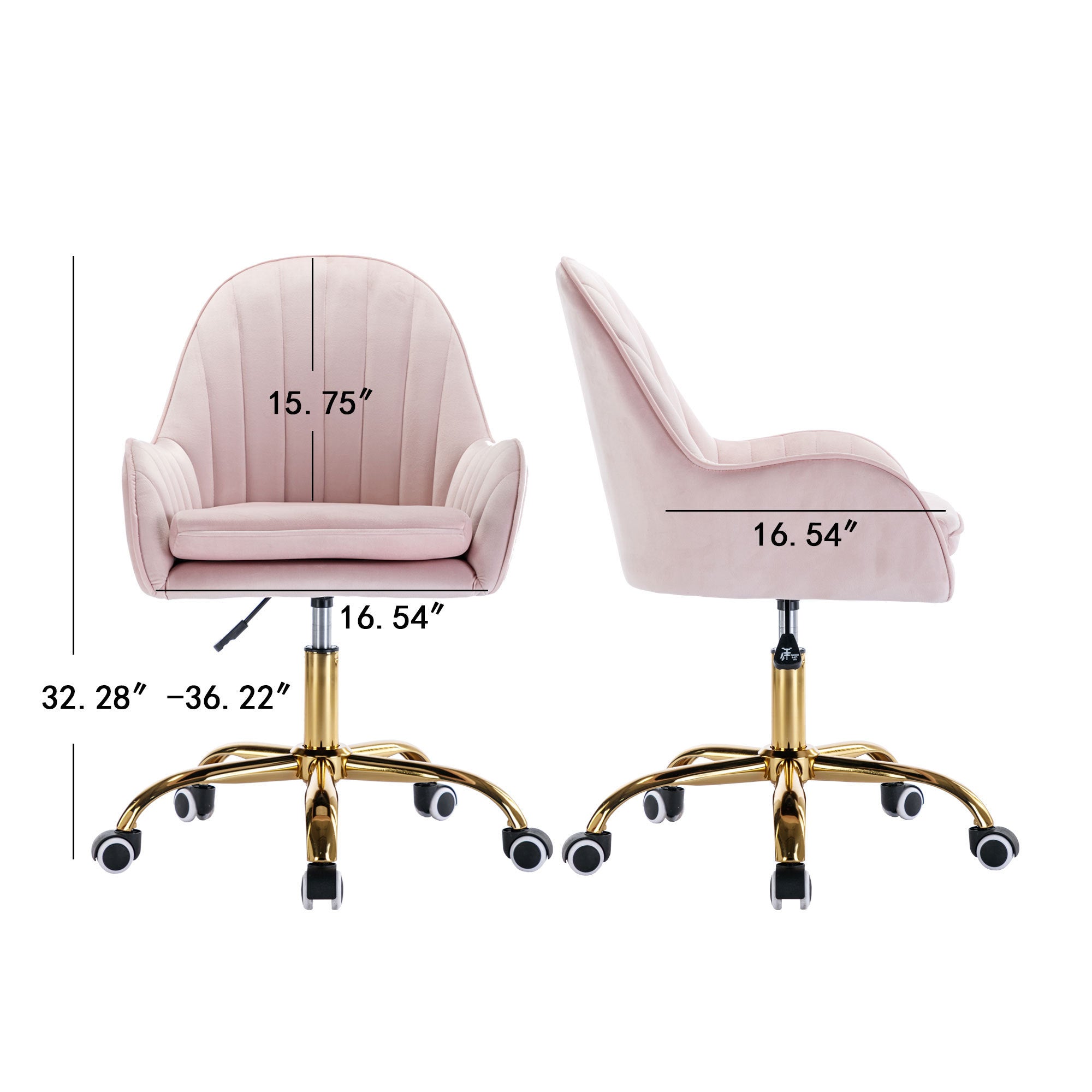 Velvet Home Office Chair with Wheels with Side Arms and Gold Metal Base - Pink