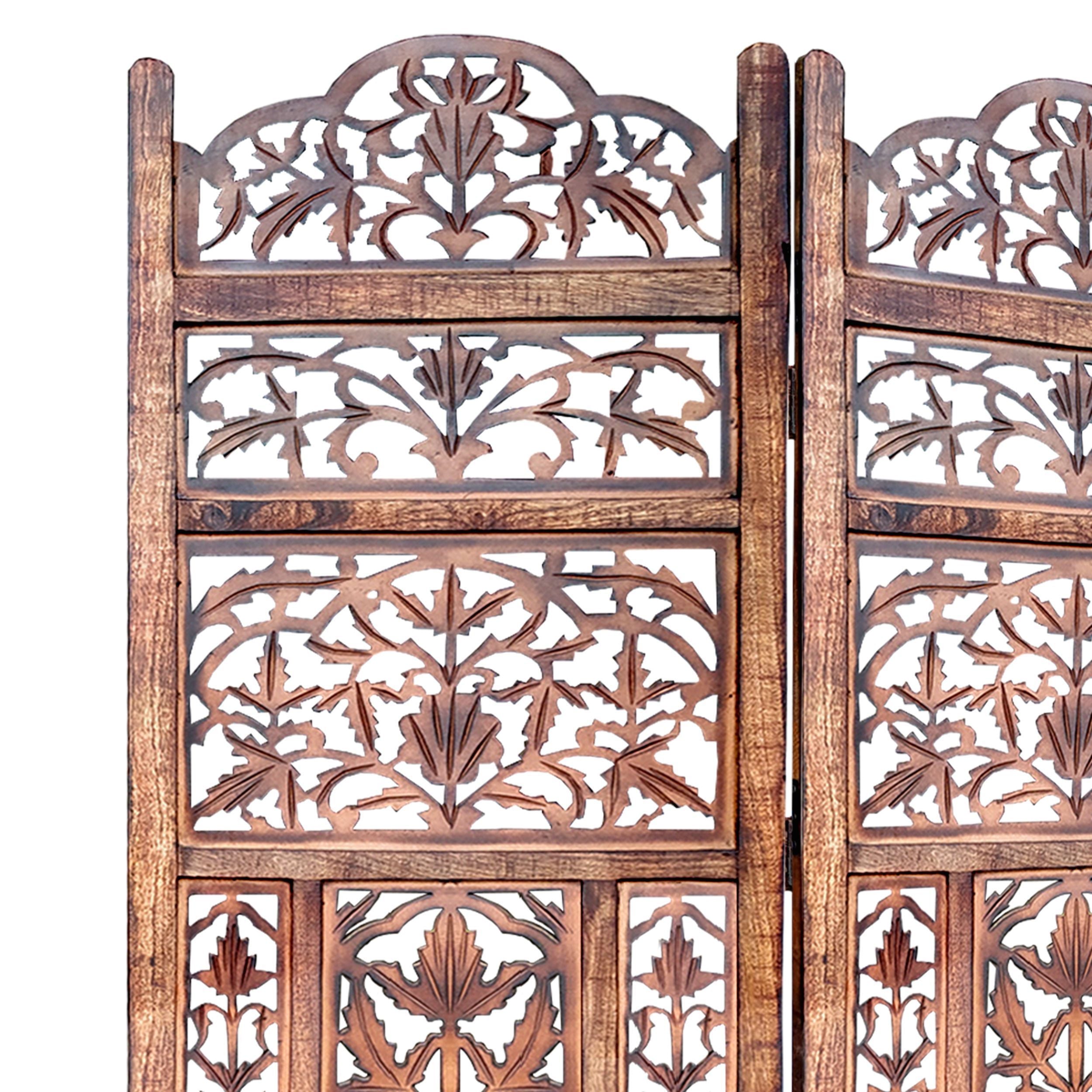 Handcrafted 3 Panel Mango Wood Screen with Cutout Filigree Carvings - Brown