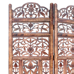 Handcrafted 3 Panel Mango Wood Screen with Cutout Filigree Carvings - Brown