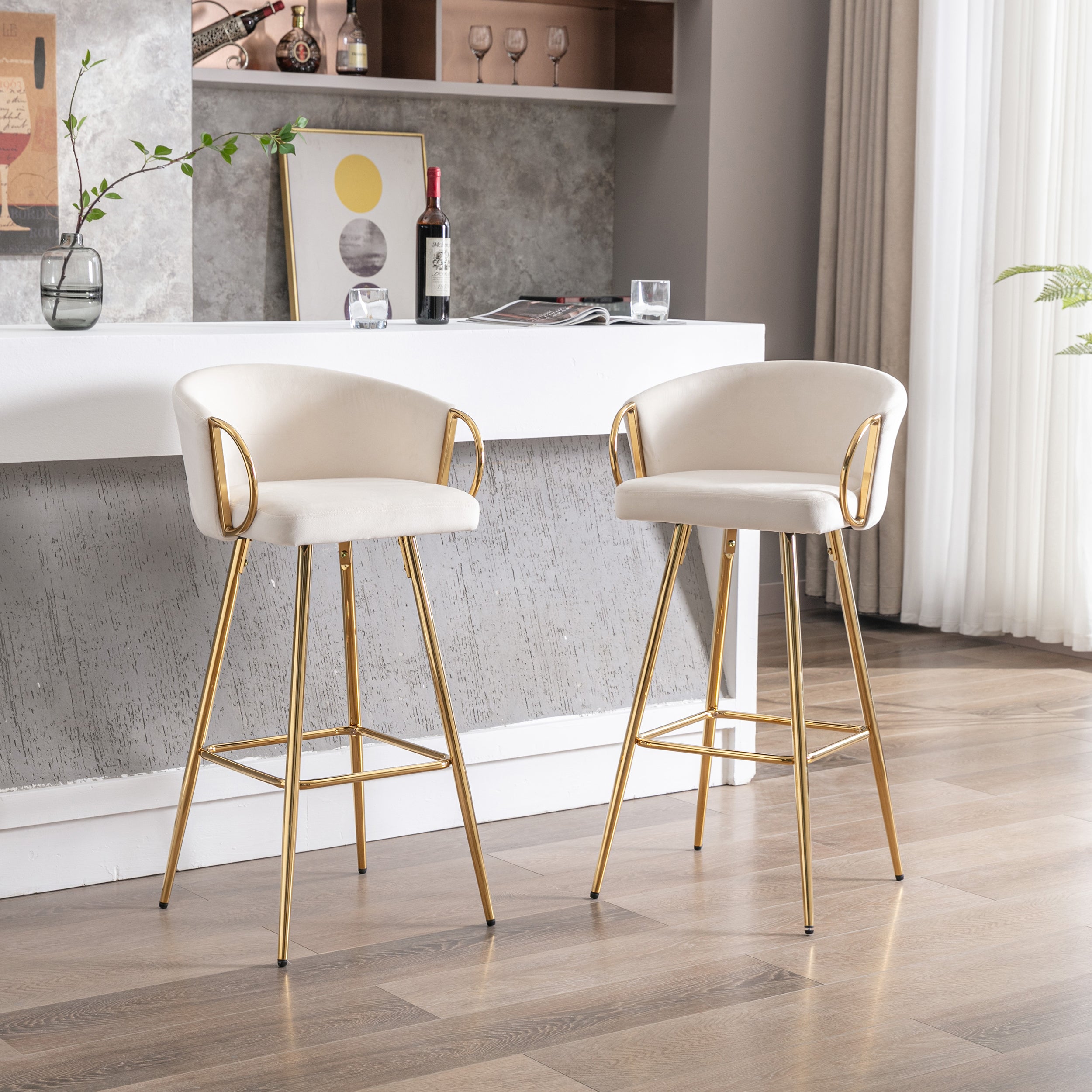 26 Inch Set of 2 Bar Stools, with Chrome Footrest and Base Velvet + Golden Leg Simple Bar Stool - Cream