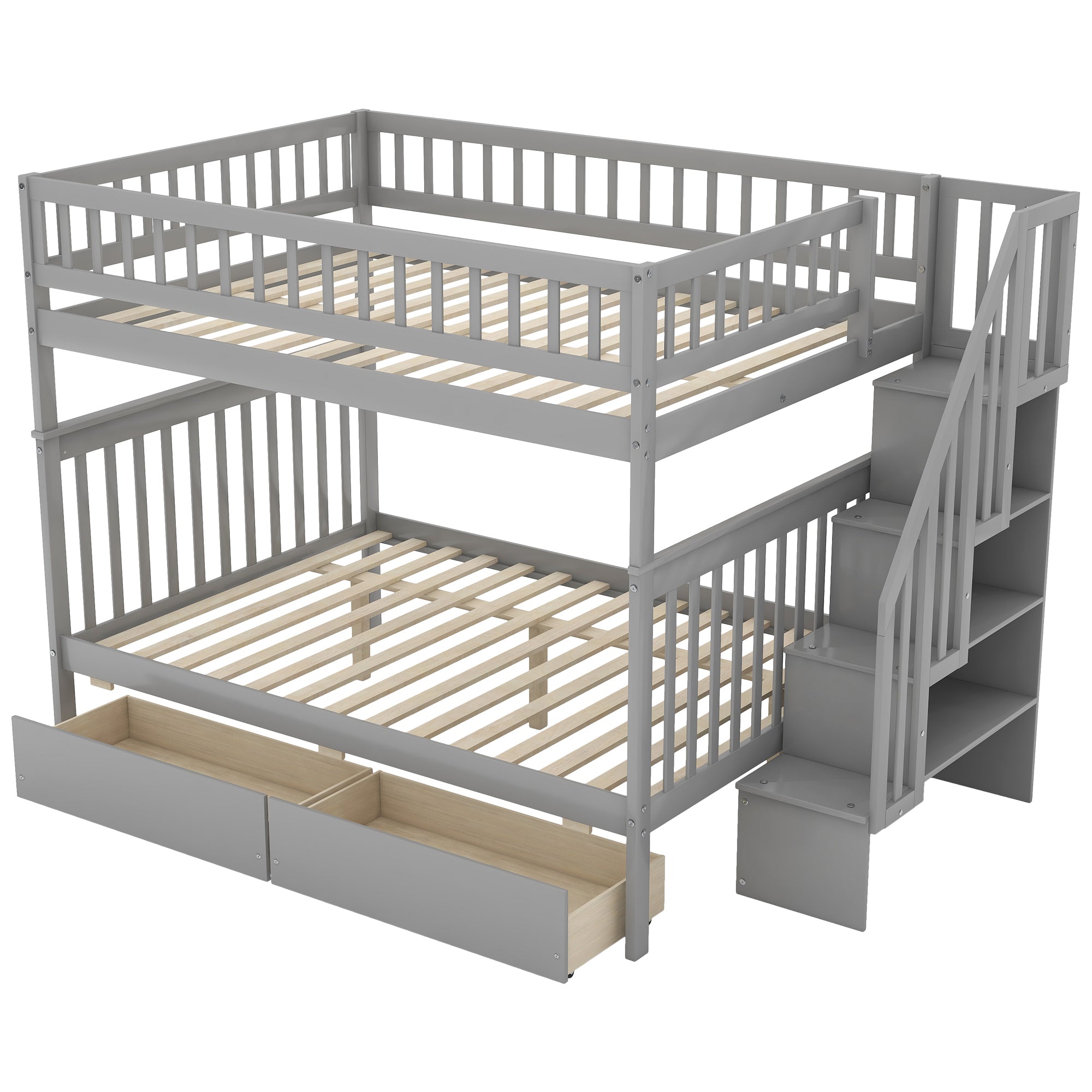 Full over Full Bunk Bed with Two Drawers and Storage - Gray