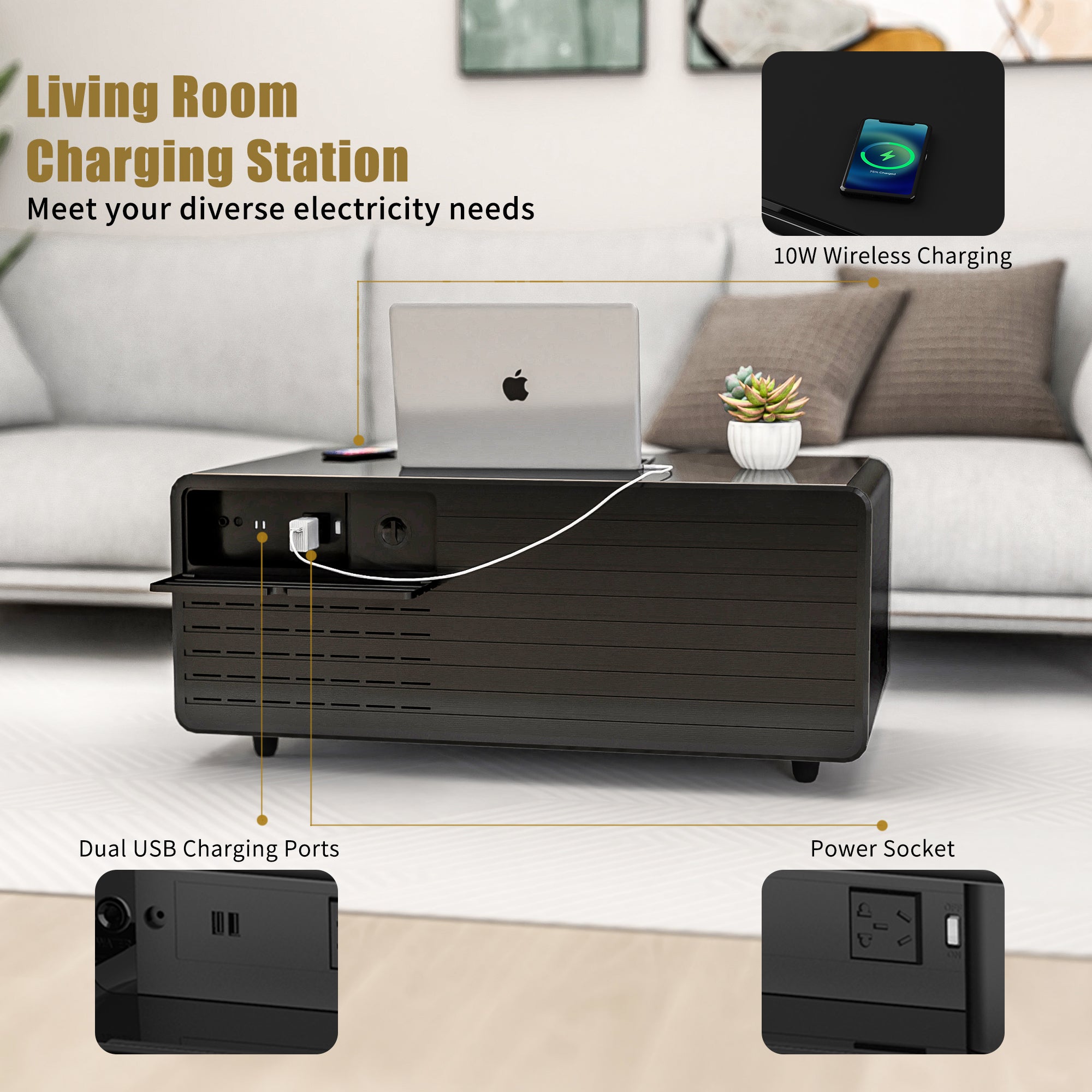 Modern Smart Coffee Table with Built in Fridge, Outlet Protection, Wireless Charging, Mechanical Temperature Control, Power Socket, USB Interface and Ice Water Interface - Black