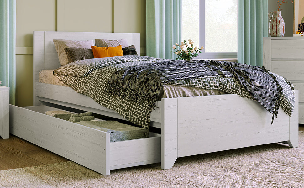 Twin Size Bed with Reversible Pull-out Storage Drawer Gray Wood Grain Sticker Surfaces - Off White