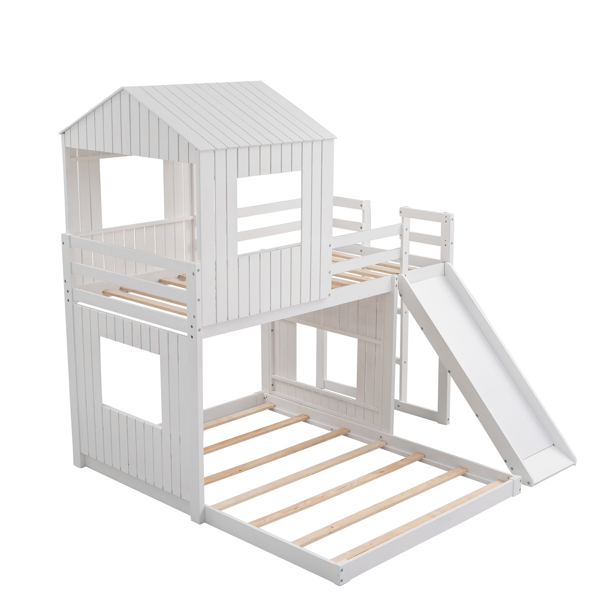 Farmhouse Wooden Twin Over Full Bunk Bed, Loft Bed with Playhouse - White