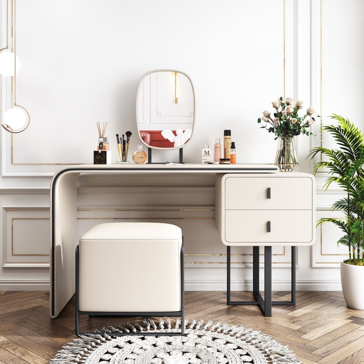 Modern Extendable Makeup Vanity Table with 2 Solid Wood Drawers - White