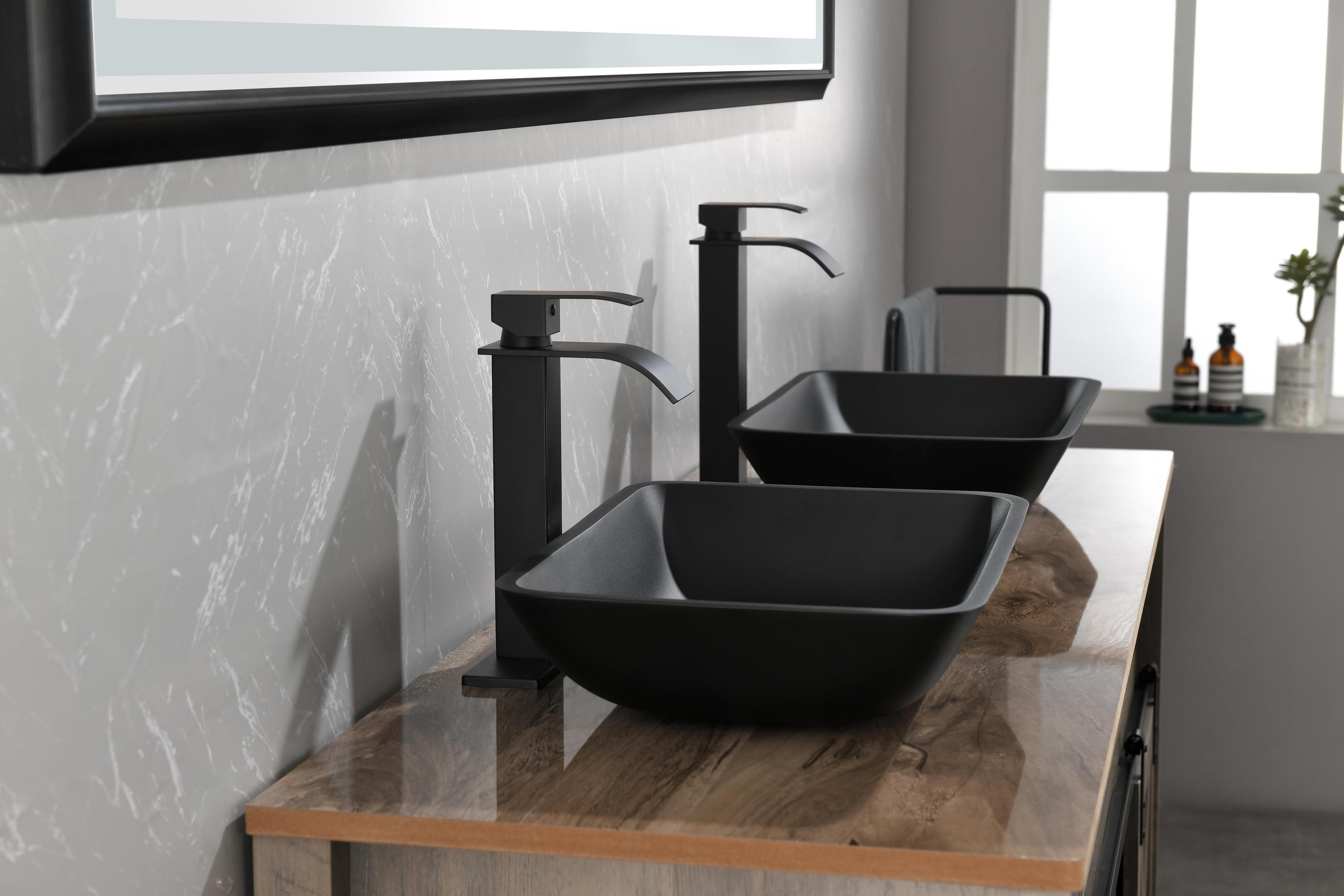 Matte Shell Glass Rectangular Vessel Bathroom Sink in Black with Matte Black Faucet and Pop-Up Drain in Matte Black 13.0" L -18.13" W -4" H