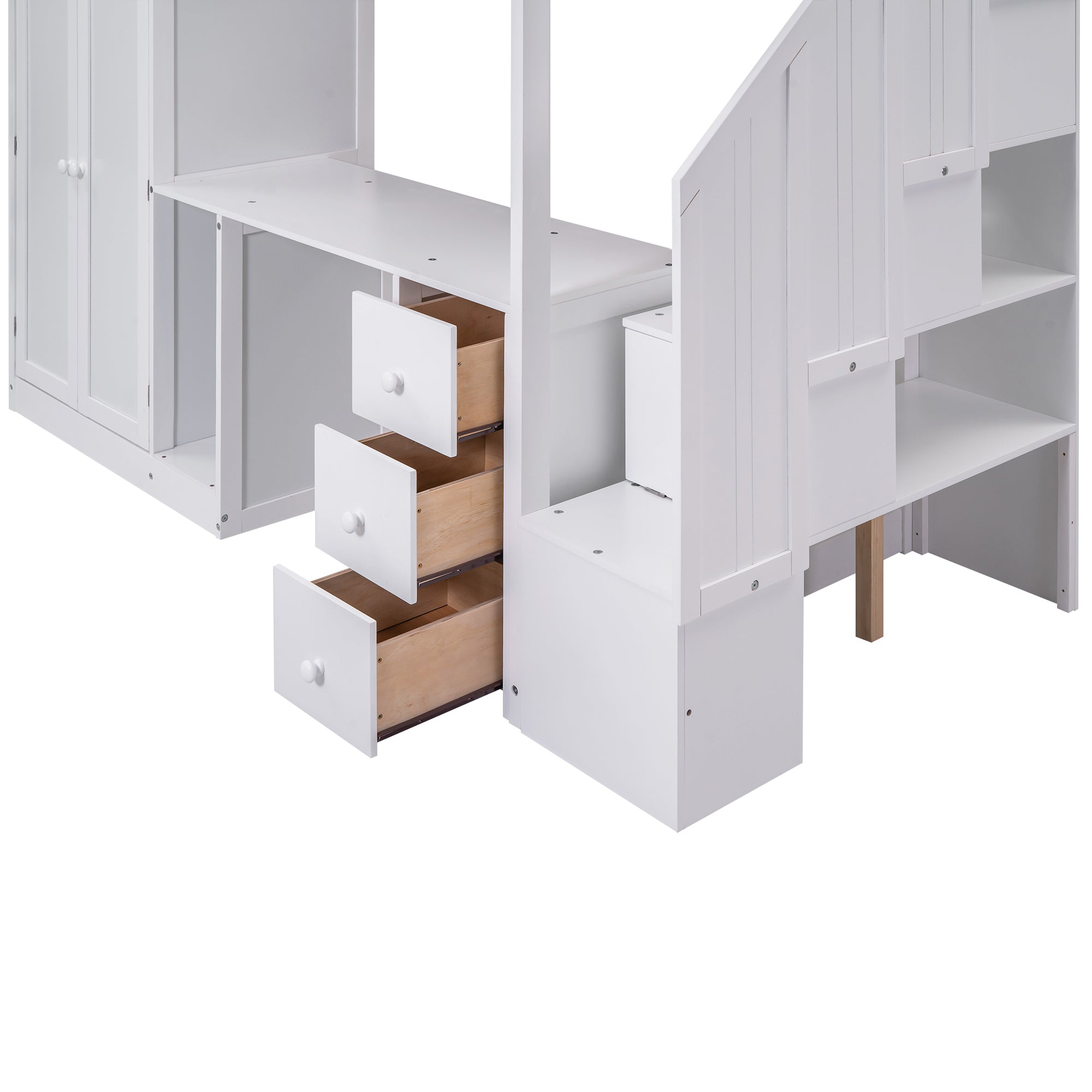 Twin Size Loft Bed with Wardrobe and Staircase - White