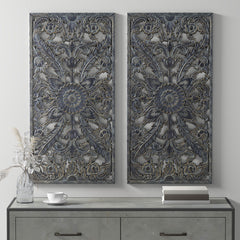 Botanical Panel Distressed Carved Wood 2-piece Wall Decor Set - Antique Blue