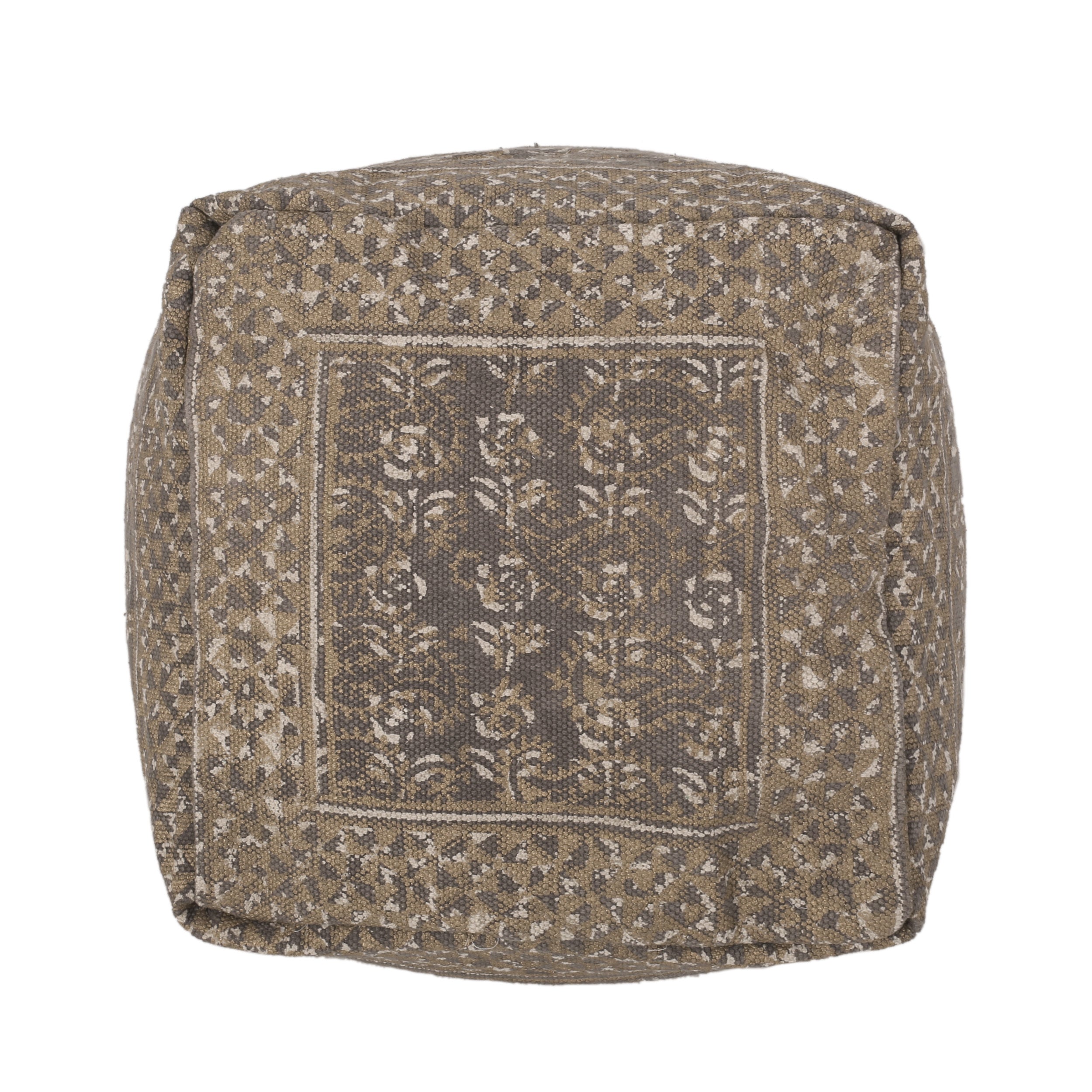 Boho Handcrafted Taupe Fabric Cube Pouf