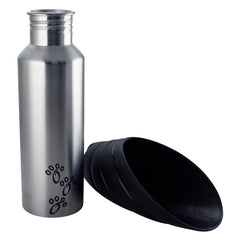 Fin Cap Pet Travel Water Bottle in Stainless Steel, Large - Silver and Black