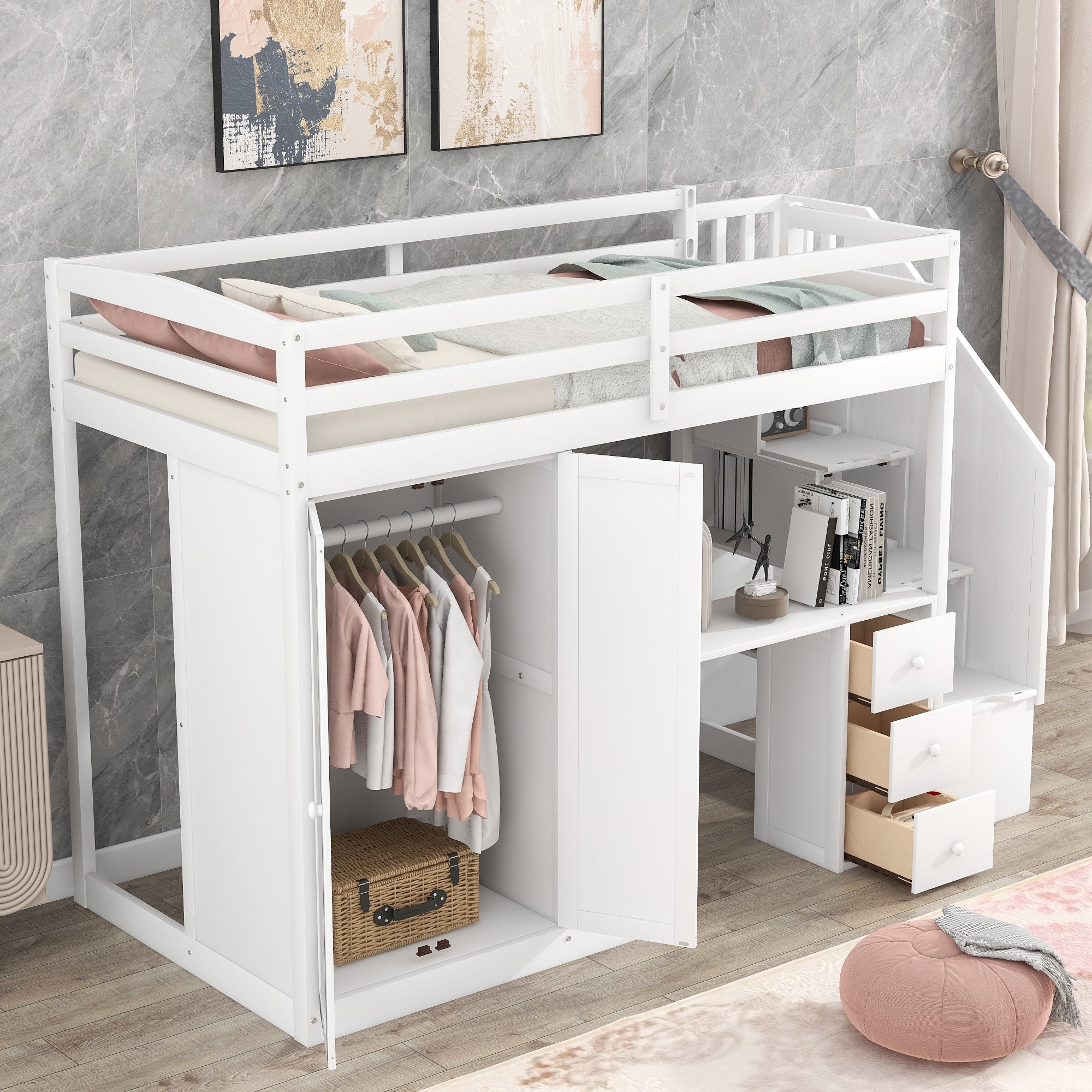 Twin Size Loft Bed with Wardrobe and Staircase - White