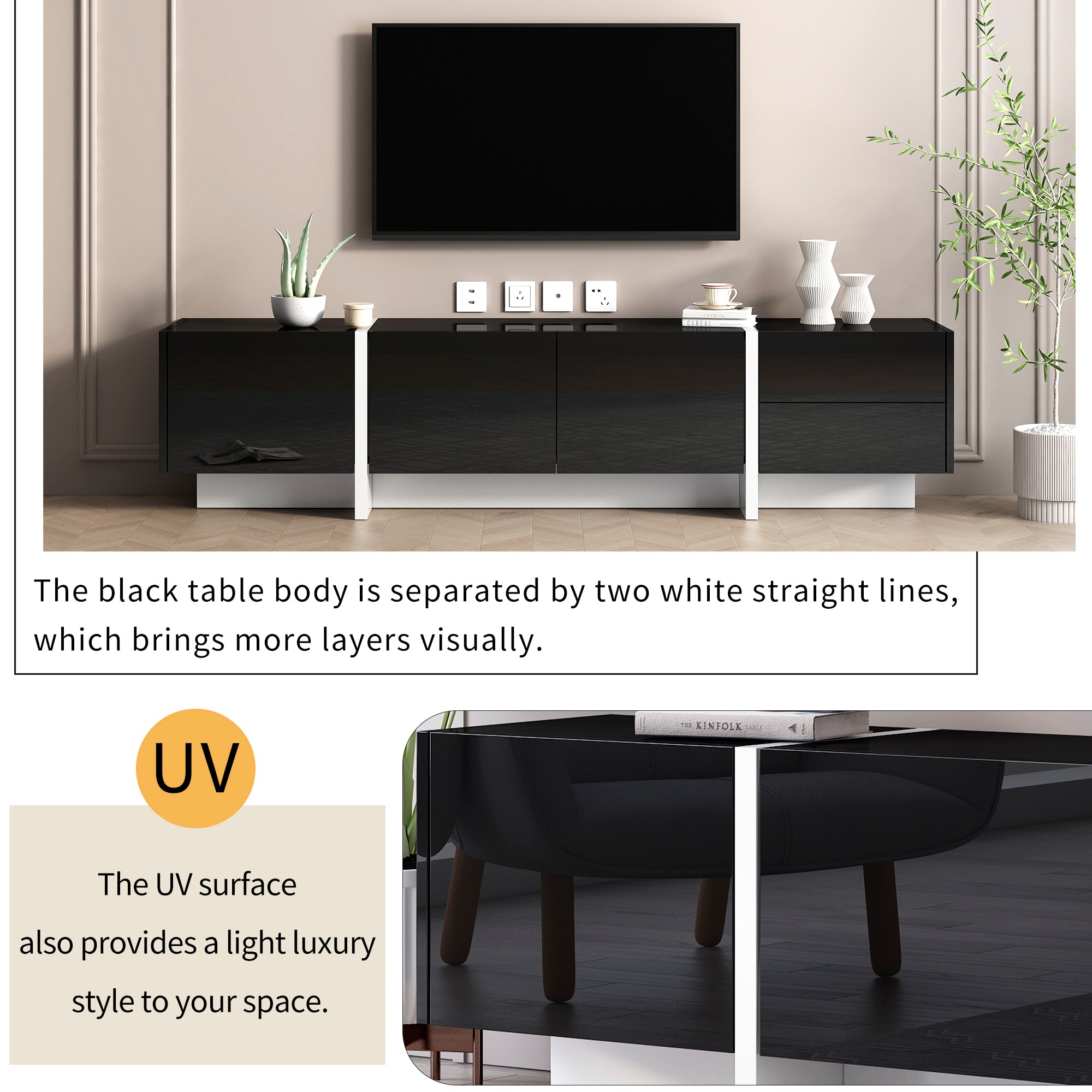 Contemporary Design TV Stand for TVs Up to 80” with High Gloss UV Surface - Black