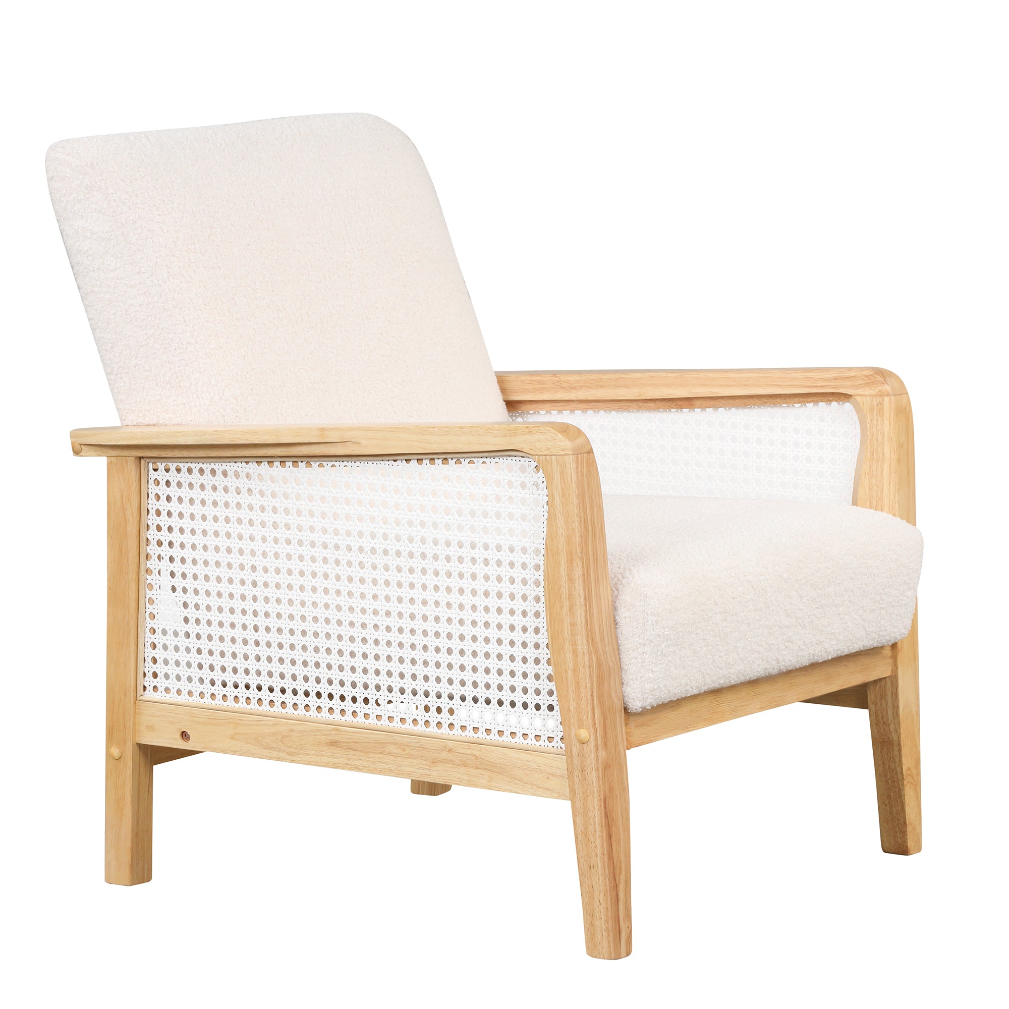 Armchair Rattan Mesh Upholstered Accent Chair, Teddy Short Plush Particle Velvet Armchair - White