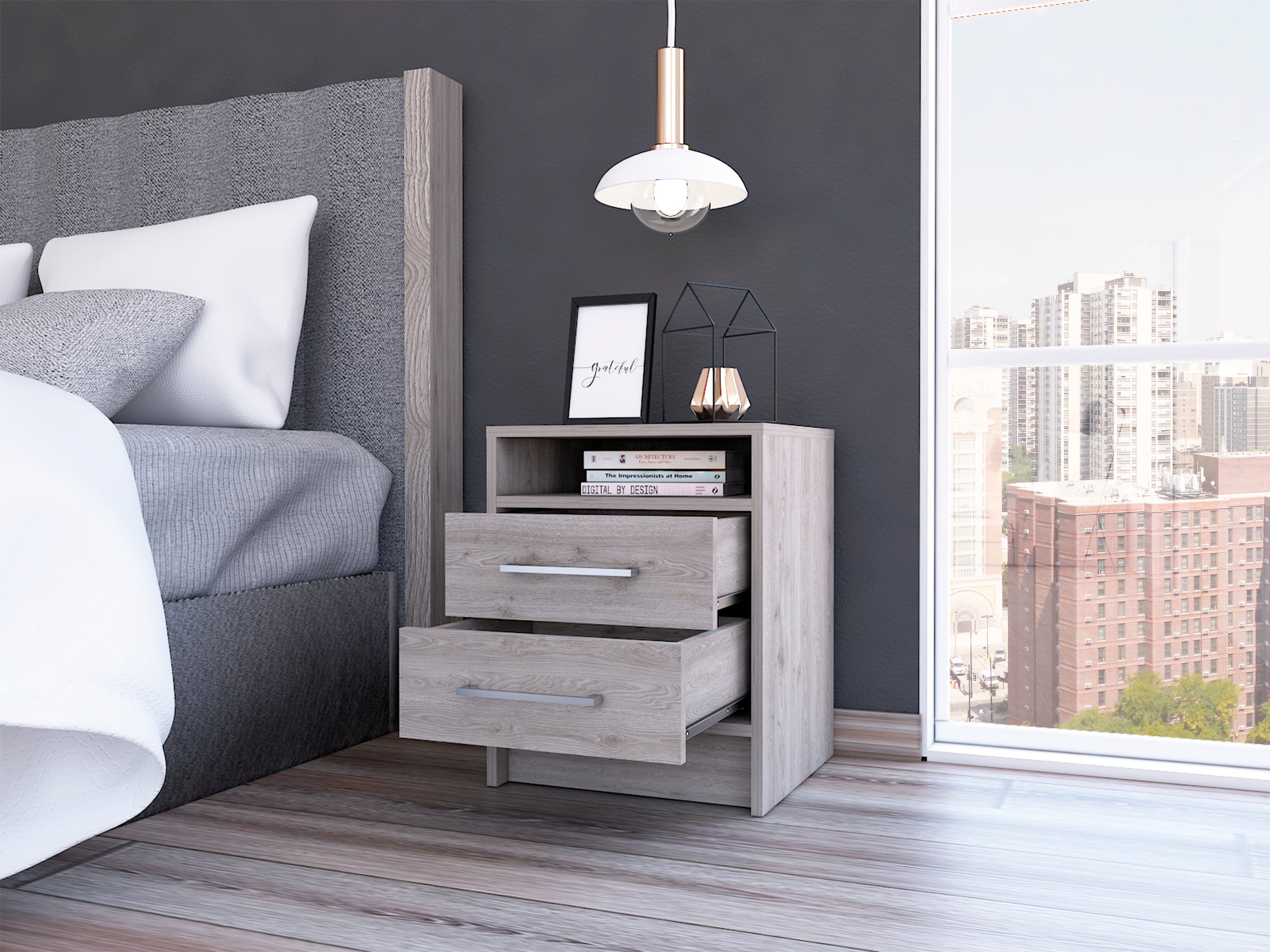 Light Grey 2-Drawer 1-Shelf Rectangle Nightstand