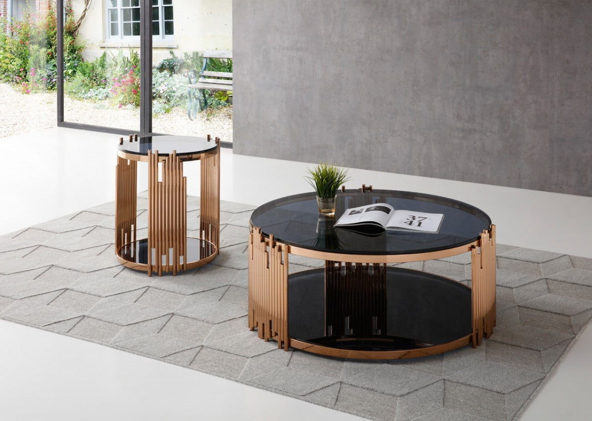 Modern Smoked Glass & Rose Gold Round Coffee Table