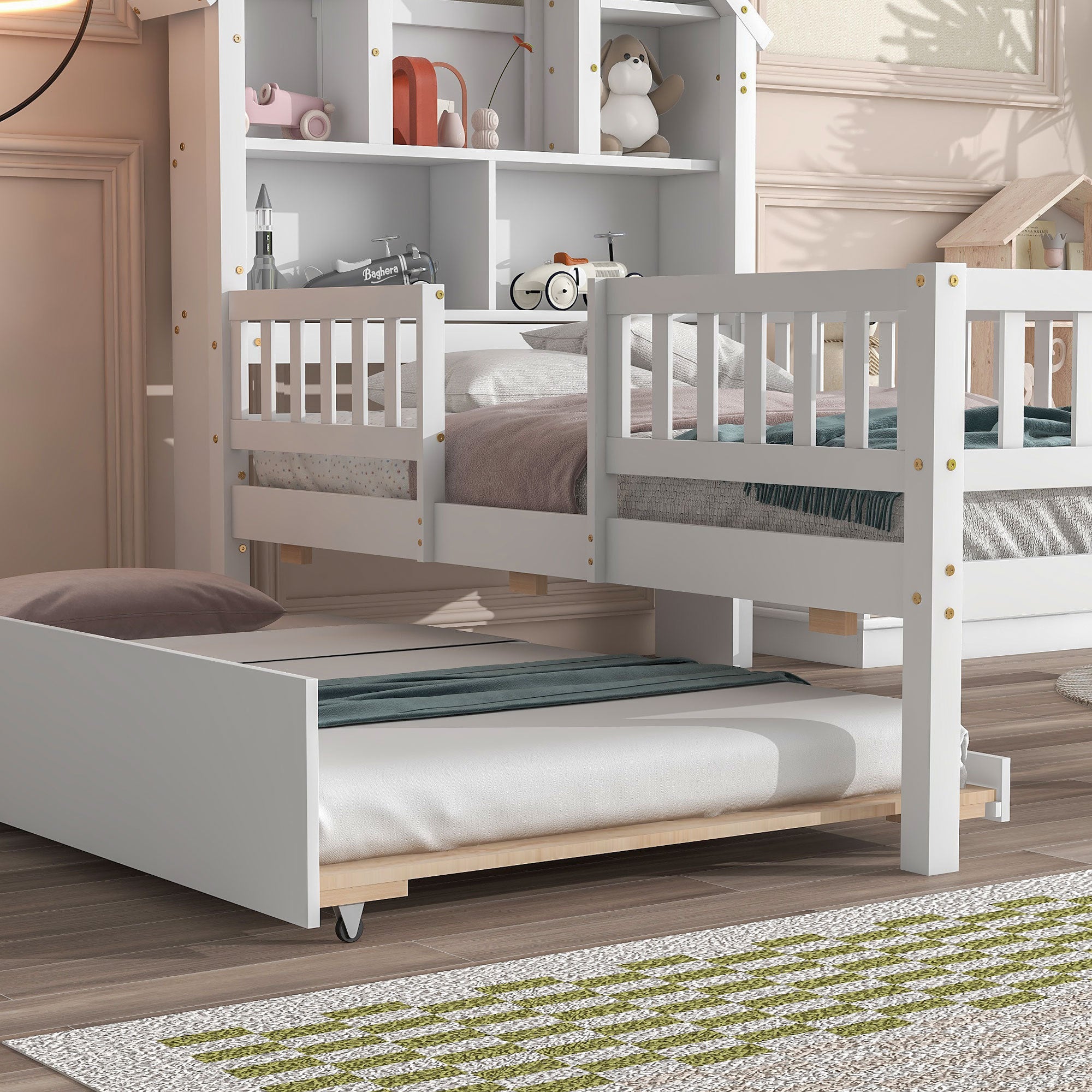 Twin Size DollHouse-Shaped Headboard with Fence Guardrails and Trundle - White