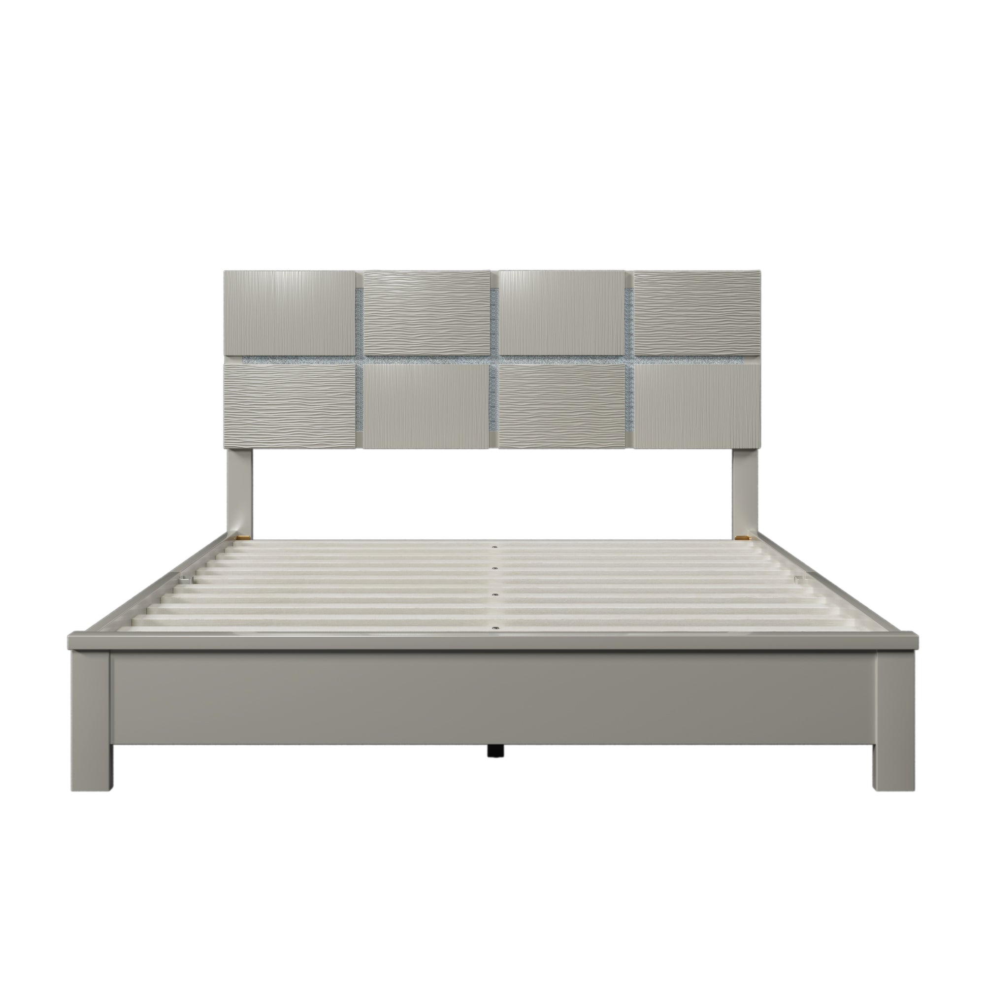 Queen Size Champagne Silver Platform Bed Solid Rubber Wood Frame and Legs - Champagne