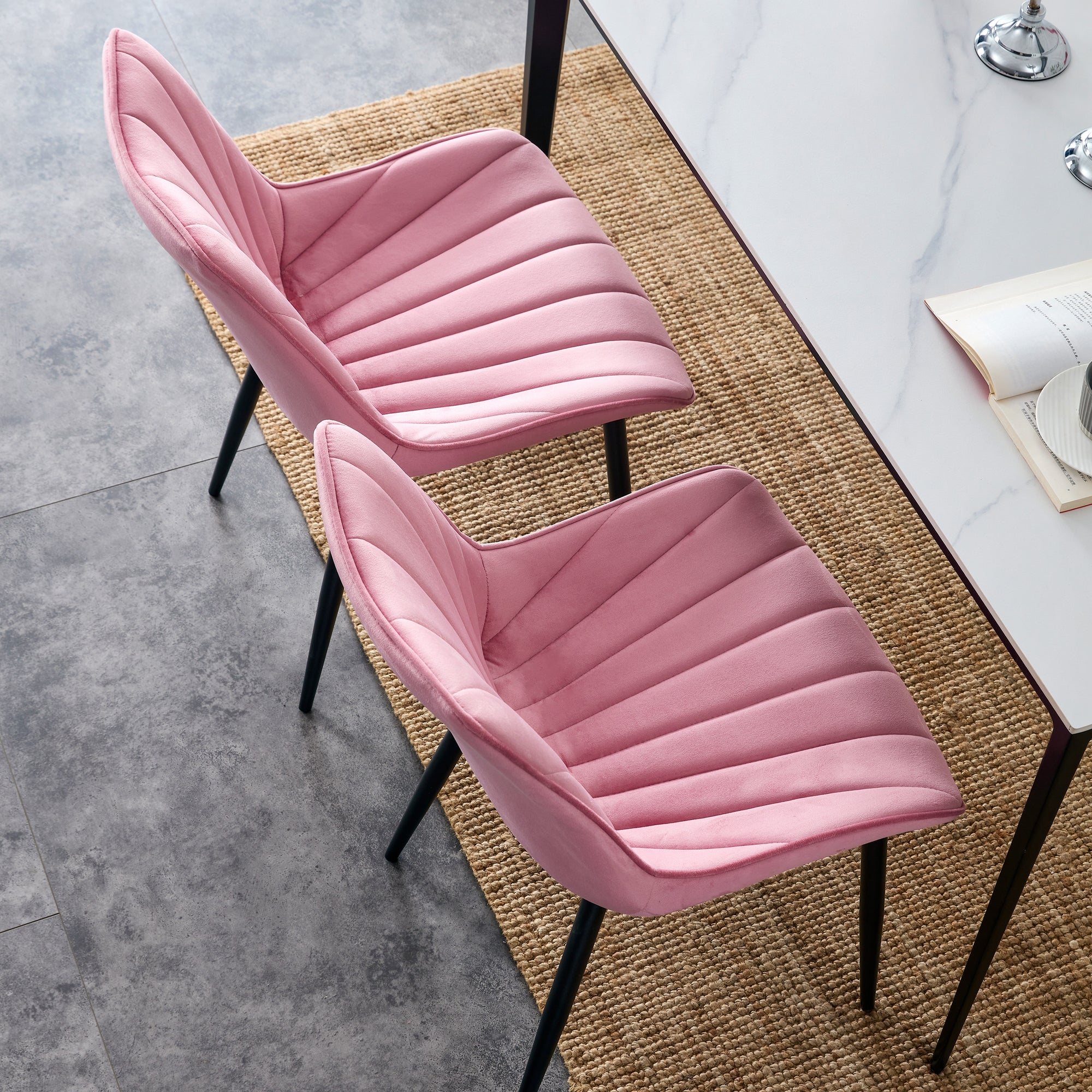 Modern Velvet Dining Chairs with Cushion Seat Back Black Coated Legs Upholstered (Set of 4) - Pink