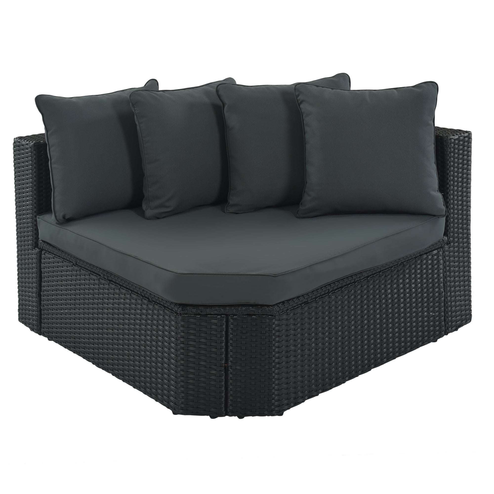 7-piece Outdoor Wicker Sofa Set, Rattan Sofa Lounger, With Striped Green Pillows- Black Wicker + Gray Cushion