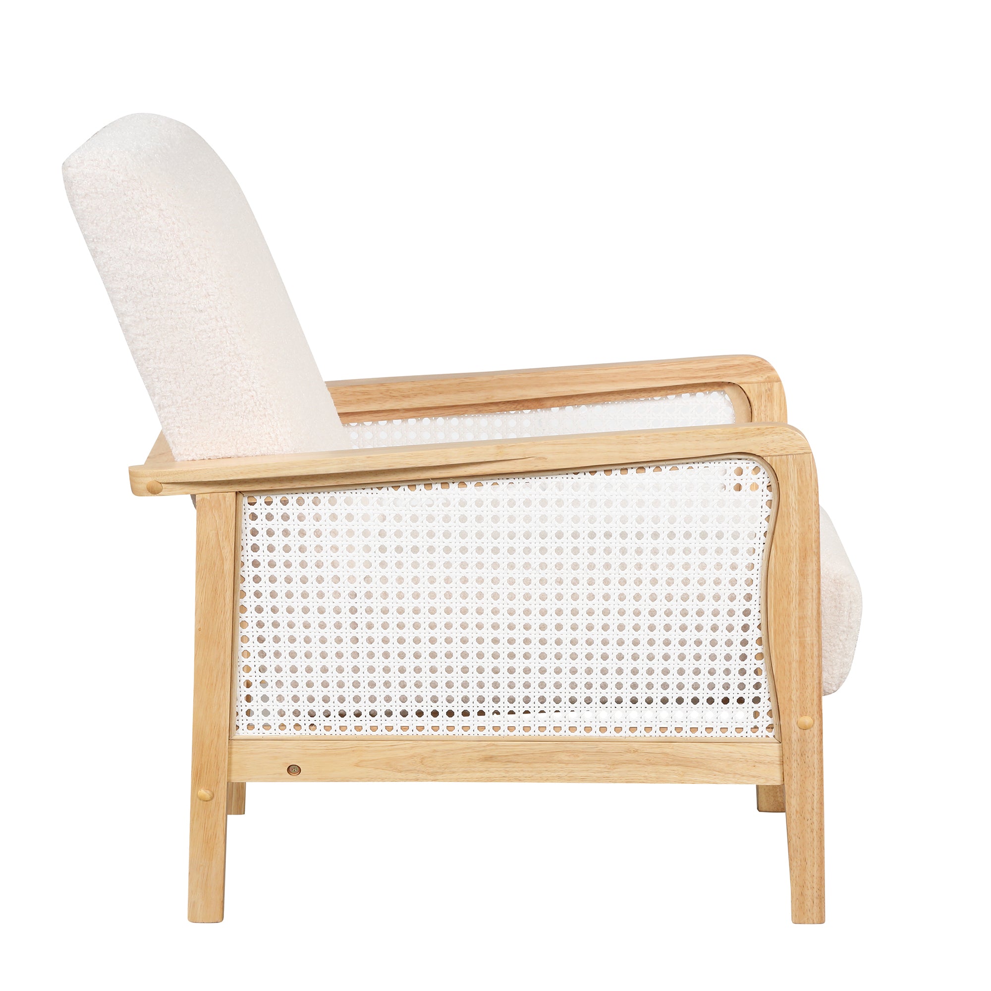 Armchair Rattan Mesh Upholstered Accent Chair, Teddy Short Plush Particle Velvet Armchair - White