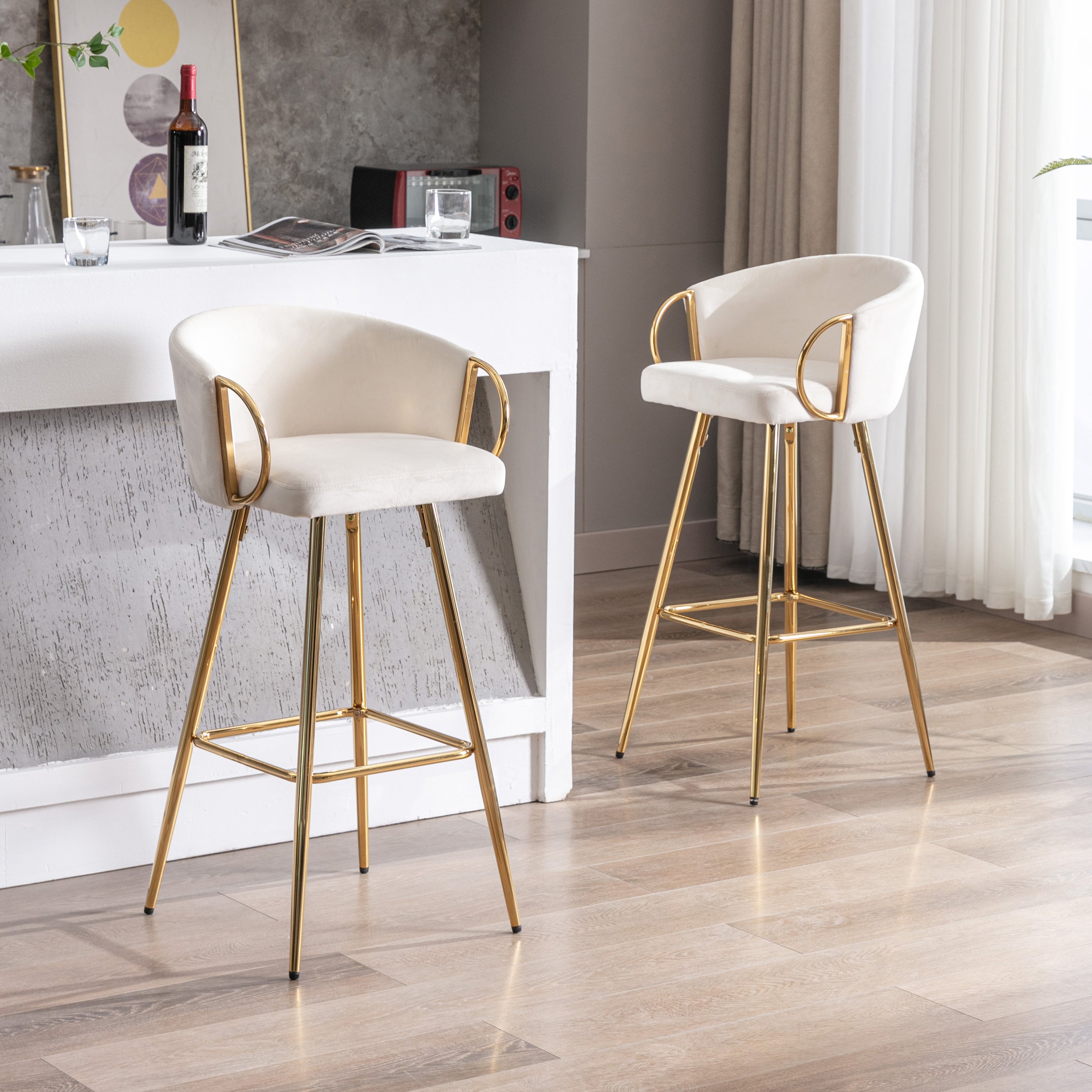 26 Inch Set of 2 Bar Stools, with Chrome Footrest and Base Velvet + Golden Leg Simple Bar Stool - Cream