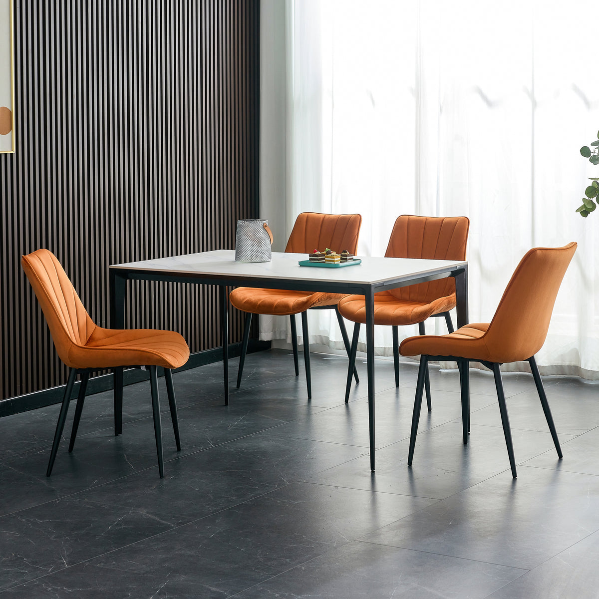 Modern Dining Chairs with Cushion Seat Back Black Coated Legs Upholstered Side Chair (Set of 4) - Orange