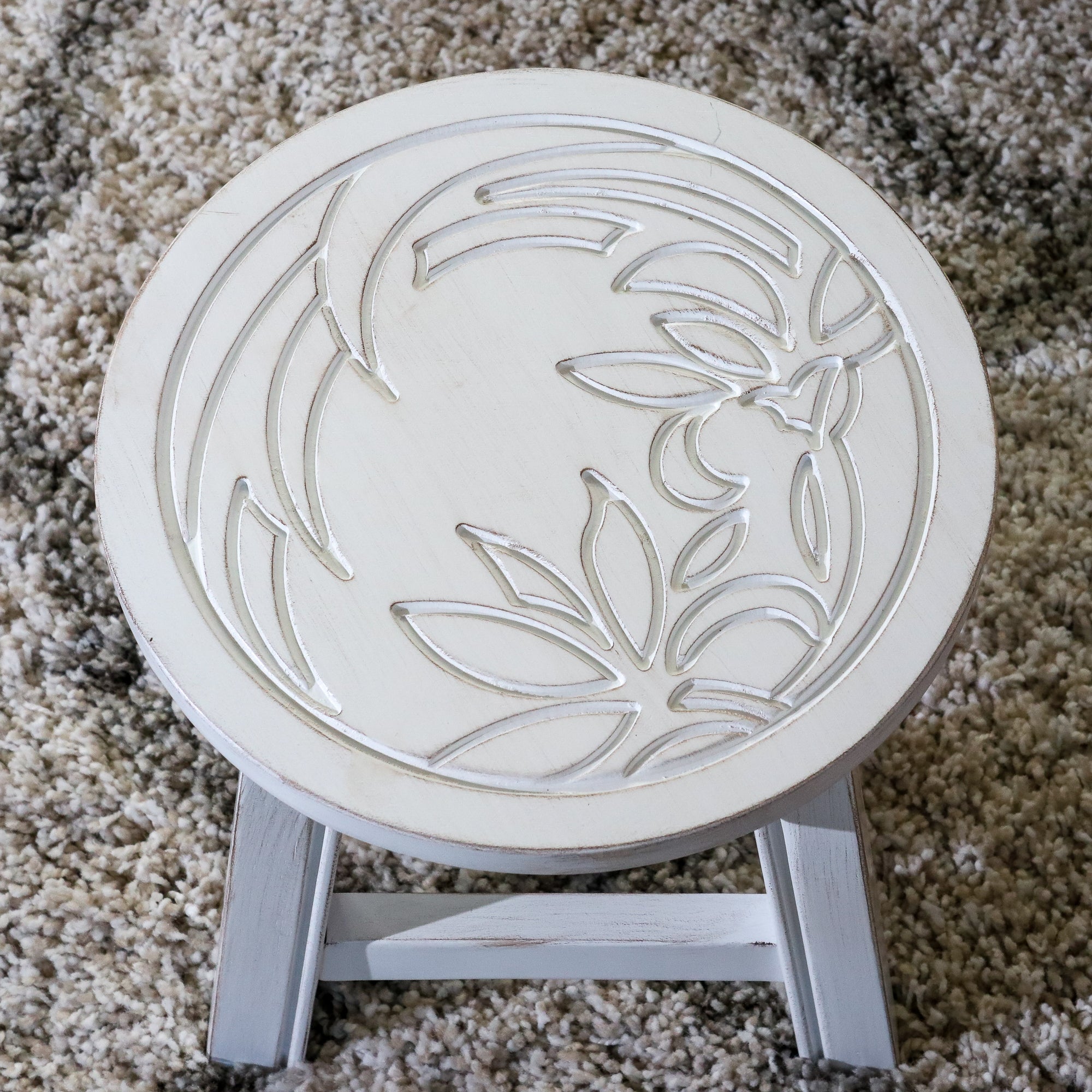 Floral Carved Wooden Step Stool - Antique White