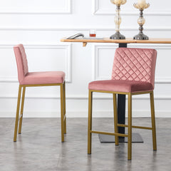 Modern Design High Counter Stool Metal Legs - Dark Pink Velvet Bar Chair (Set of 2)