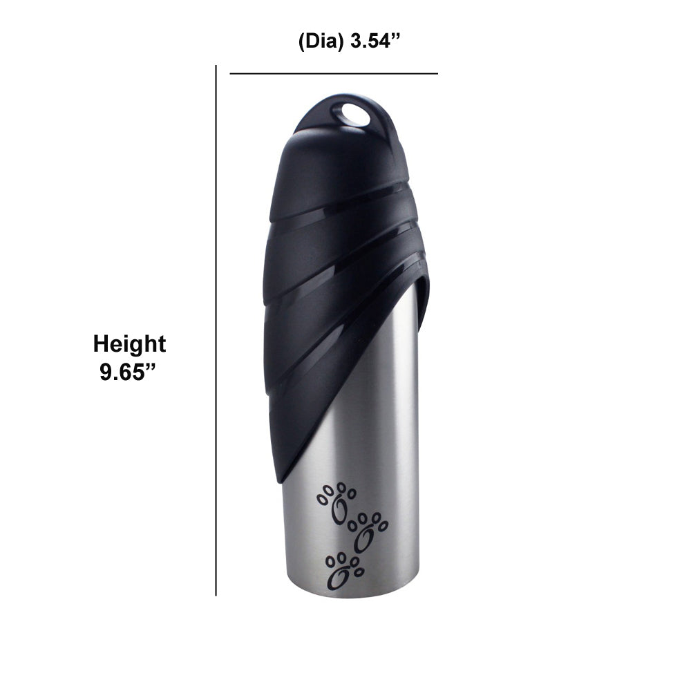 Fin Cap Pet Travel Water Bottle in Stainless Steel, Large - Silver and Black