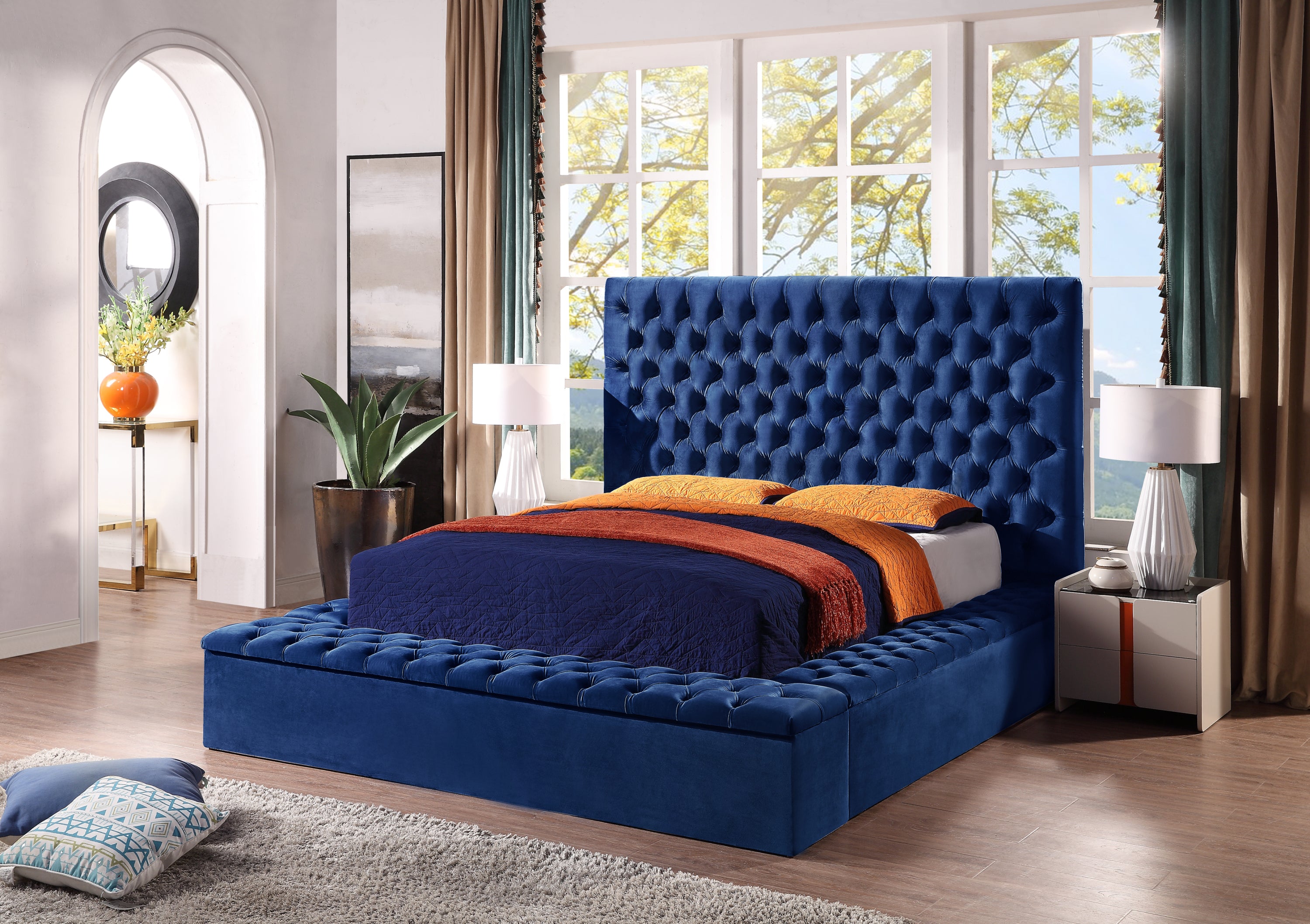 Queen Size Contemporary Velvet Bed with Storage Locker - Blue