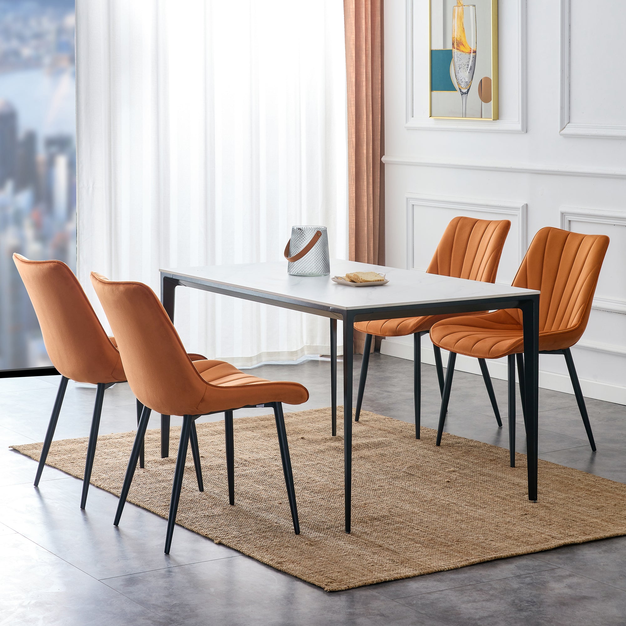 Modern Dining Chairs with Cushion Seat Back Black Coated Legs Upholstered Side Chair (Set of 4) - Orange