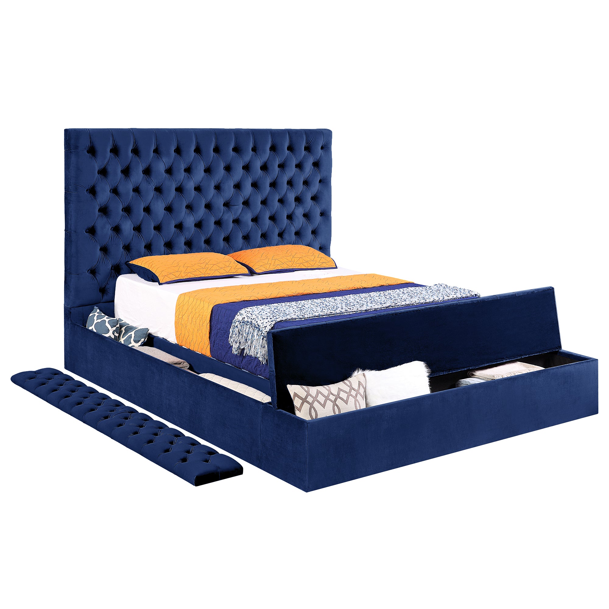 Queen Size Contemporary Velvet Bed with Storage Locker - Blue