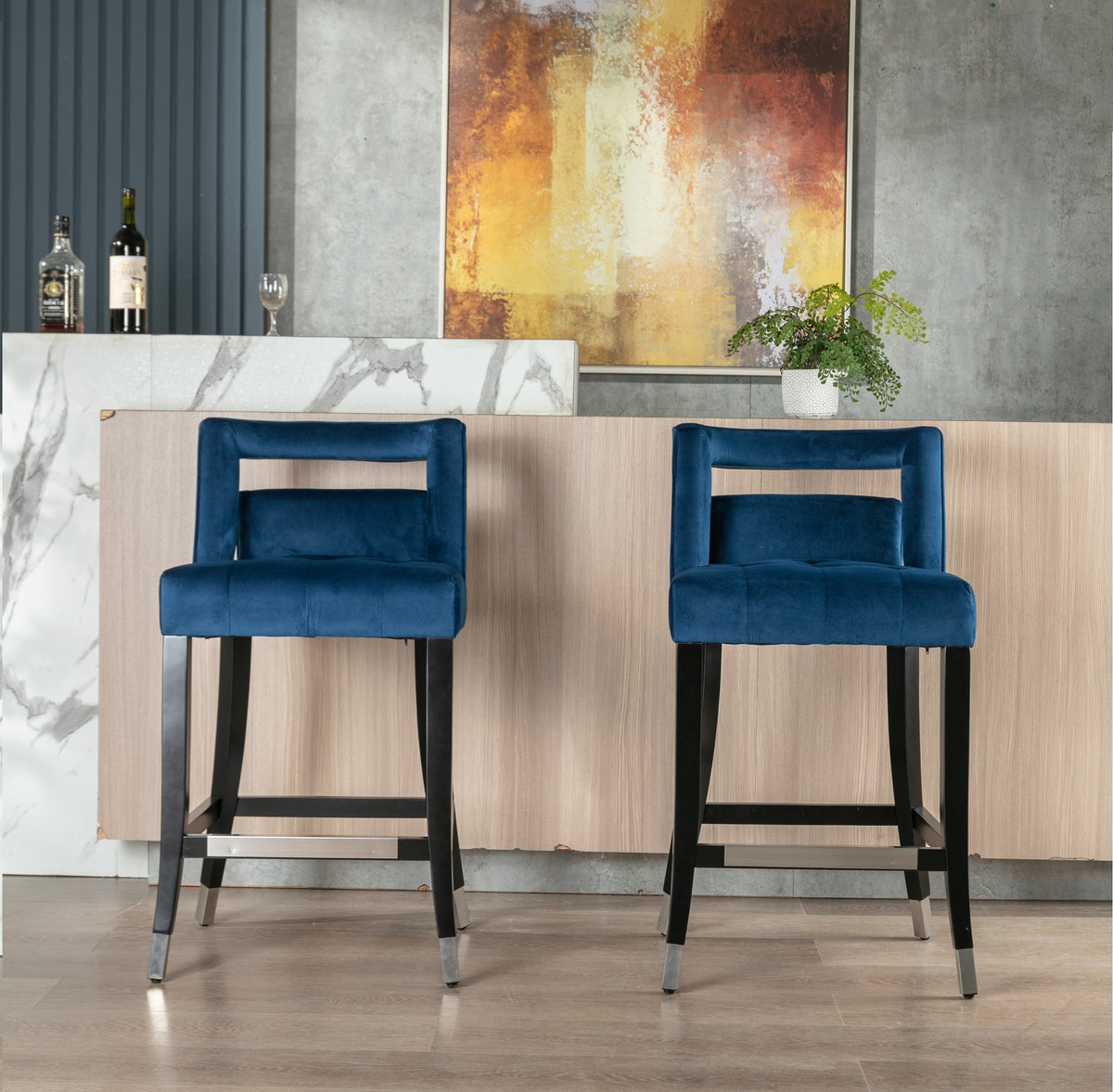 Suede Velvet Barstool with nailheads 26 inch Seater height (Set of 2) - Navy Blue