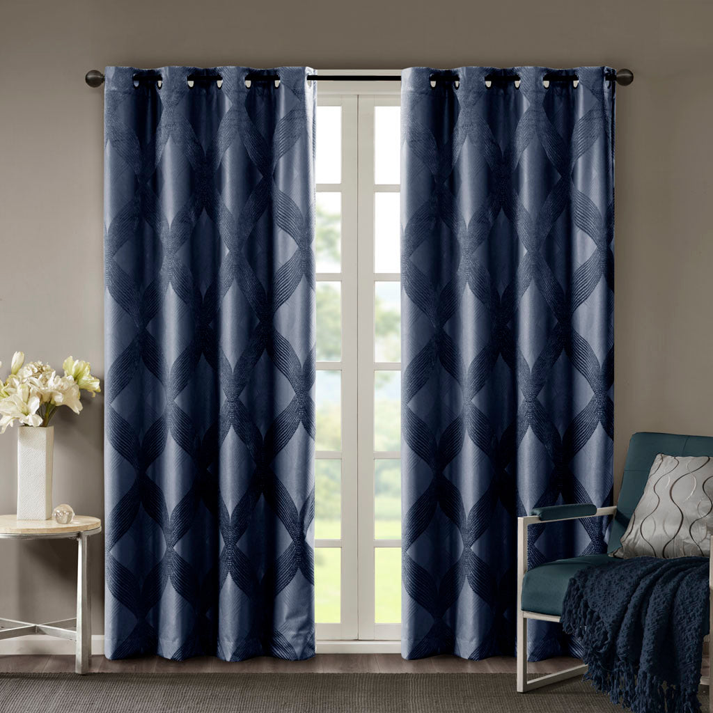 Ogee Knitted Jacquard Total Blackout Curtain Panel - Navy