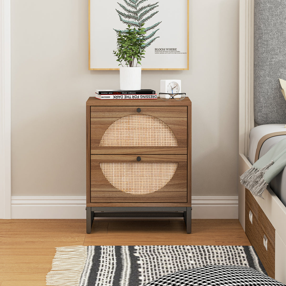 Natural rattan 2 Drawer Side table, Nightstand Side - Walnut